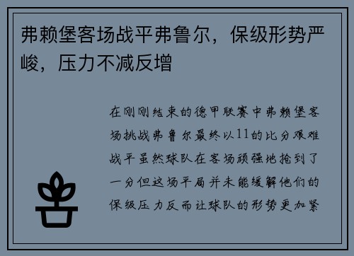 弗赖堡客场战平弗鲁尔，保级形势严峻，压力不减反增